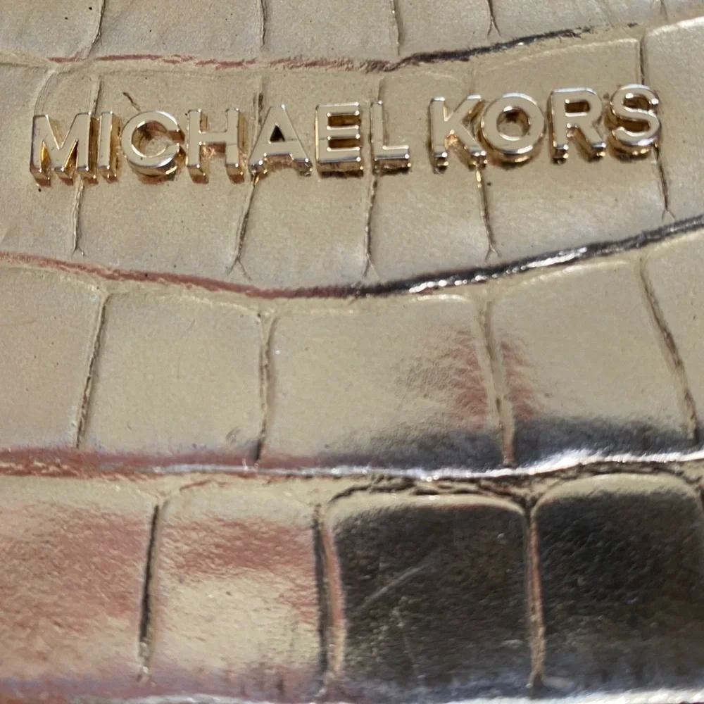 Michael Kors Beige/Gold Croc Embossed Leather and MK Canvas Wristlet Clutch. 10” - Picture 5 of 15